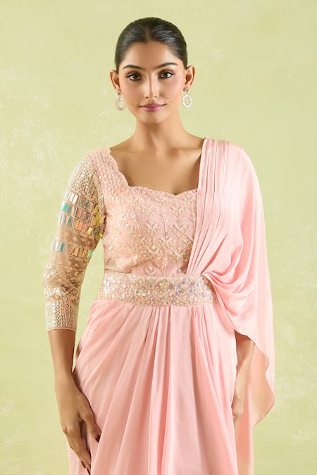 Shop Samyukta Singhania Pink Crepe, Net Embroidery, Sequins Sweetheart Neck Floral Saree Gown Online at Aza Fashions Shop_Samyukta Singhania_Pink Crepe, Net Embroidery, Sequins Sweetheart Neck Floral Saree Gown _Online_at_Aza_Fashions