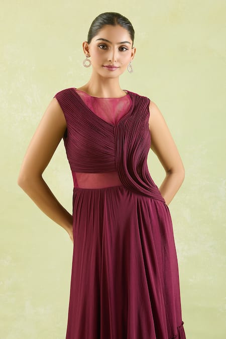 Samyukta Singhania_Wine Crepe, Net Open Neck Asymmetric Draped Gown _Online_at_Aza_Fashions