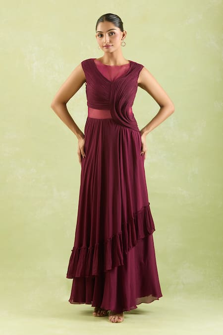 Buy_Samyukta Singhania_Wine Crepe, Net Open Neck Asymmetric Draped Gown _Online_at_Aza_Fashions