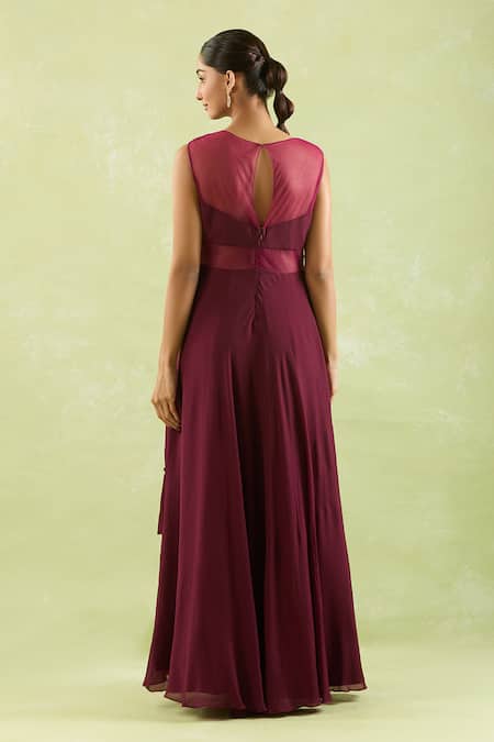 Samyukta Singhania Wine Asymmetric Draped Gown 