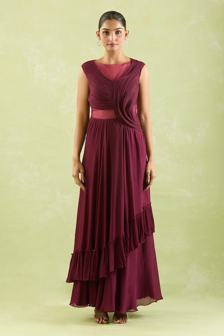 Shop_Samyukta Singhania_Wine Crepe, Net Open Neck Asymmetric Draped Gown _Online_at_Aza_Fashions