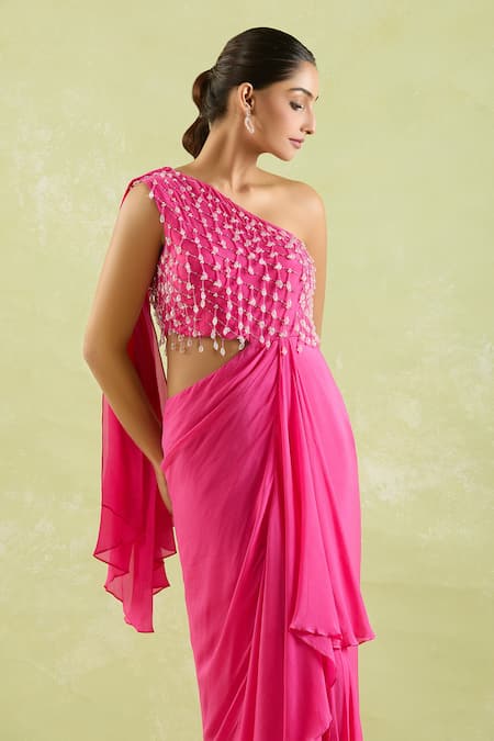 Samyukta Singhania_Pink Crepe Beads, Crystals Asymmetric Beaded Saree Gown _Online_at_Aza_Fashions