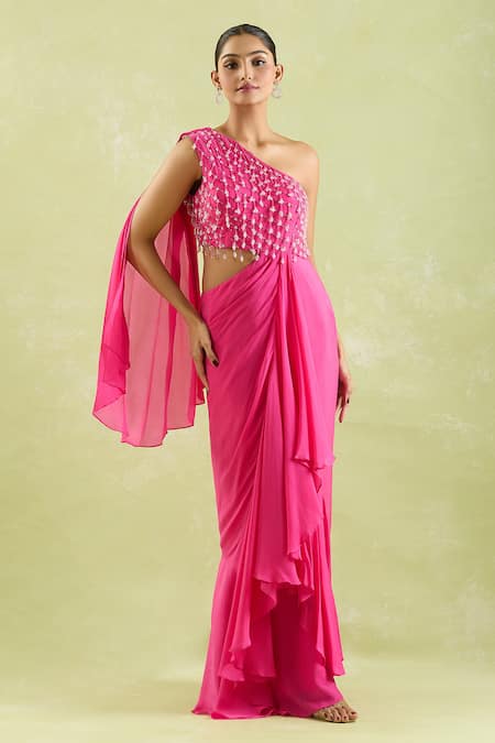 Buy_Samyukta Singhania_Pink Crepe Beads, Crystals Asymmetric Beaded Saree Gown _Online_at_Aza_Fashions