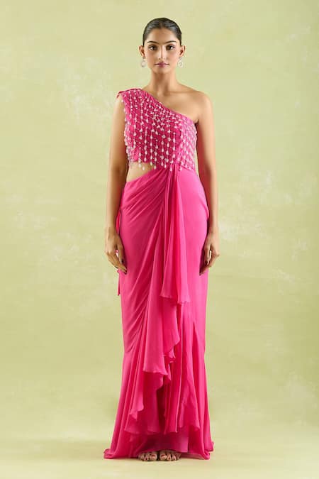 Shop_Samyukta Singhania_Pink Crepe Beads, Crystals Asymmetric Beaded Saree Gown _Online_at_Aza_Fashions