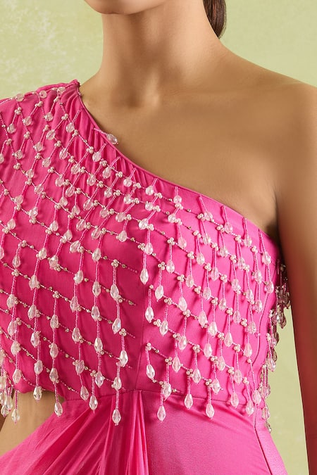 Samyukta Singhania_Pink Crepe Beads, Crystals Asymmetric Beaded Saree Gown _at_Aza_Fashions