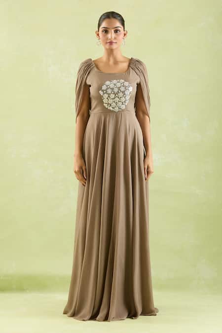 Samyukta Singhania Gray Crepe Embroidery, Sequins Round Neck Grey Floral Gown at Aza Fashions Samyukta Singhania_Gray Crepe Embroidery, Sequins Round Neck Grey Floral Gown _at_Aza_Fashions