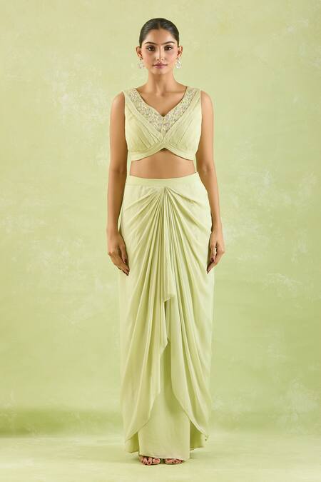 Samyukta Singhania Green Crepe Embroidery V-neck Floral Hand Top And Asymmetric Skirt Online at Aza Fashions Samyukta Singhania_Green Crepe Embroidery V-neck Floral Hand Top And Asymmetric Skirt_Online_at_Aza_Fashions