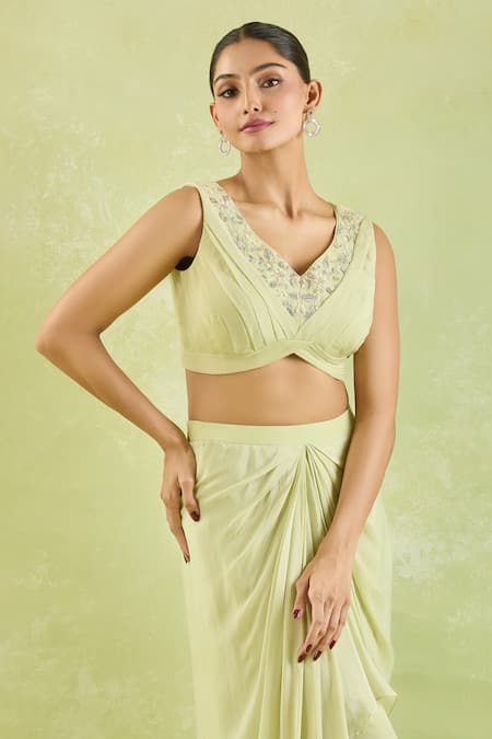 Shop Samyukta Singhania Green Crepe Embroidery V-neck Floral Hand Top And Asymmetric Skirt Online at Aza Fashions Shop_Samyukta Singhania_Green Crepe Embroidery V-neck Floral Hand Top And Asymmetric Skirt_Online_at_Aza_Fashions