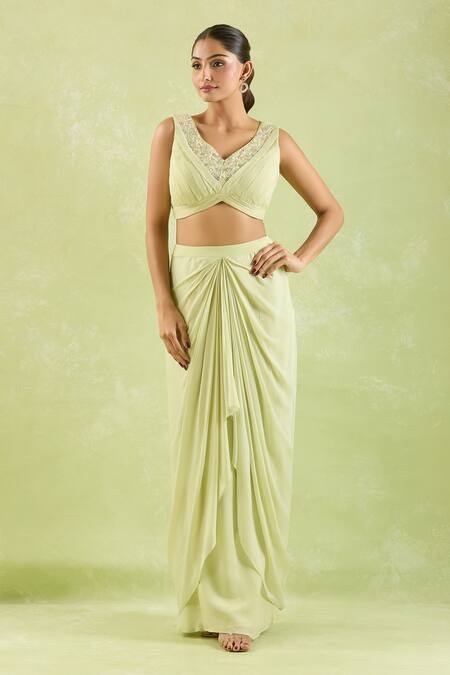 Samyukta Singhania Green Crepe Embroidery V-neck Floral Hand Top And Asymmetric Skirt at Aza Fashions Samyukta Singhania_Green Crepe Embroidery V-neck Floral Hand Top And Asymmetric Skirt_at_Aza_Fashions