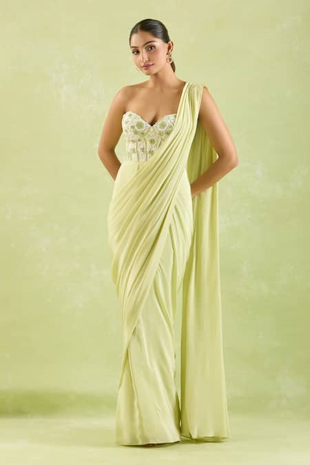 Samyukta Singhania Green Crepe Beads, Embroidery Sweetheart Neck Floral Saree Gown Online at Aza Fashions Samyukta Singhania_Green Crepe Beads, Embroidery Sweetheart Neck Floral Saree Gown _Online_at_Aza_Fashions