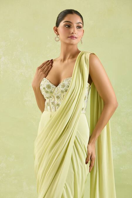 Buy Samyukta Singhania Green Crepe Beads, Embroidery Sweetheart Neck Floral Saree Gown Online at Aza Fashions Buy_Samyukta Singhania_Green Crepe Beads, Embroidery Sweetheart Neck Floral Saree Gown _Online_at_Aza_Fashions