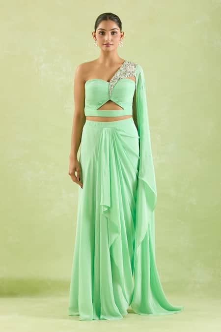 Buy Samyukta Singhania Green Crepe Embroidery Sweetheart Neck Floral Cropped Top And Skirt Set Online at Aza Fashions Buy_Samyukta Singhania_Green Crepe Embroidery Sweetheart Neck Floral Cropped Top And Skirt Set _Online_at_Aza_Fashions