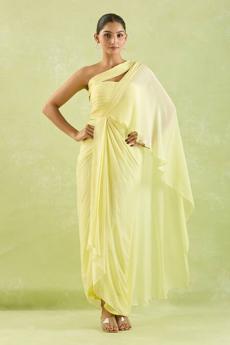 Buy_Samyukta Singhania_Yellow Crepe Asymmetric Draped Saree Gown _Online_at_Aza_Fashions