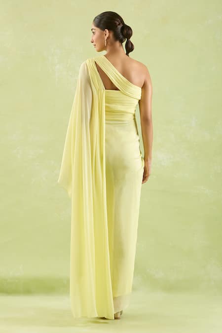 Shop_Samyukta Singhania_Yellow Crepe Asymmetric Draped Saree Gown _at_Aza_Fashions