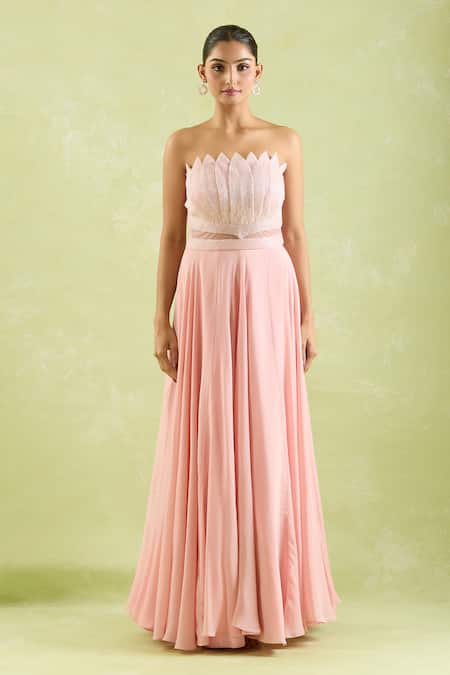 Samyukta Singhania_Pink Net, Crepe Beads Asymmetric Pleated Flare Gown _Online_at_Aza_Fashions