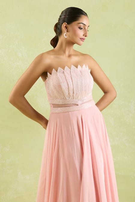 Shop_Samyukta Singhania_Pink Net, Crepe Beads Asymmetric Pleated Flare Gown _Online_at_Aza_Fashions