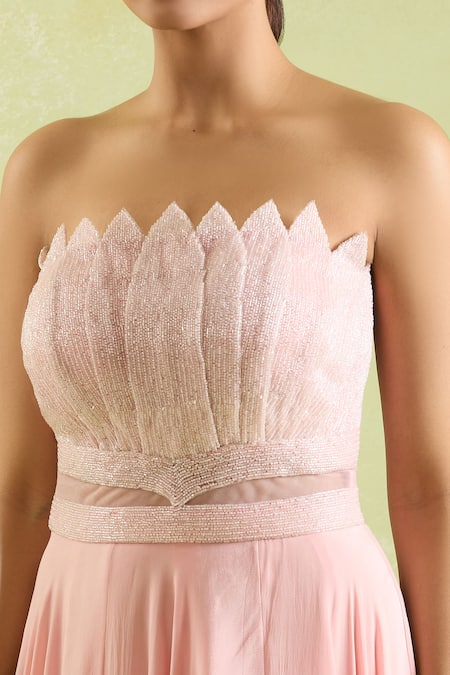 Samyukta Singhania_Pink Net, Crepe Beads Asymmetric Pleated Flare Gown _at_Aza_Fashions