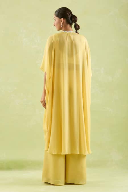 Shop_Samyukta Singhania_Yellow Silk, Crepe Embroidery, Beads Polo Collar, Floral Hand Shrug Sharara Set _at_Aza_Fashions