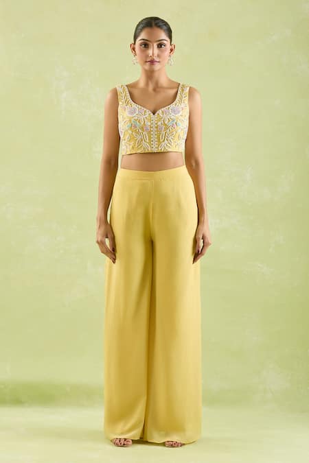 Samyukta Singhania_Yellow Silk, Crepe Embroidery, Beads Polo Collar, Floral Hand Shrug Sharara Set _Online_at_Aza_Fashions