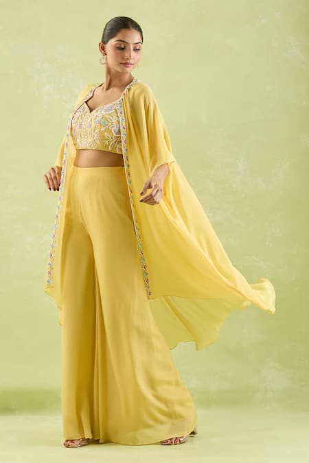 Shop_Samyukta Singhania_Yellow Silk, Crepe Embroidery, Beads Polo Collar, Floral Hand Shrug Sharara Set _Online_at_Aza_Fashions