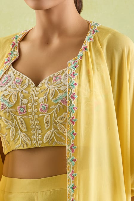 Samyukta Singhania_Yellow Silk, Crepe Embroidery, Beads Polo Collar, Floral Hand Shrug Sharara Set _at_Aza_Fashions