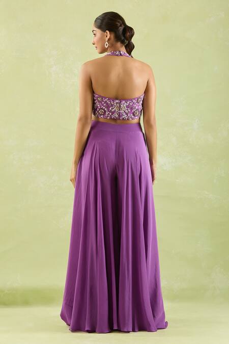 Shop Samyukta Singhania Purple Silk, Crepe Embroidery, Beads Halter Floral Hand Blouse And Palazzo Set at Aza Fashions Shop_Samyukta Singhania_Purple Silk, Crepe Embroidery, Beads Halter Floral Hand Blouse And Palazzo Set _at_Aza_Fashions