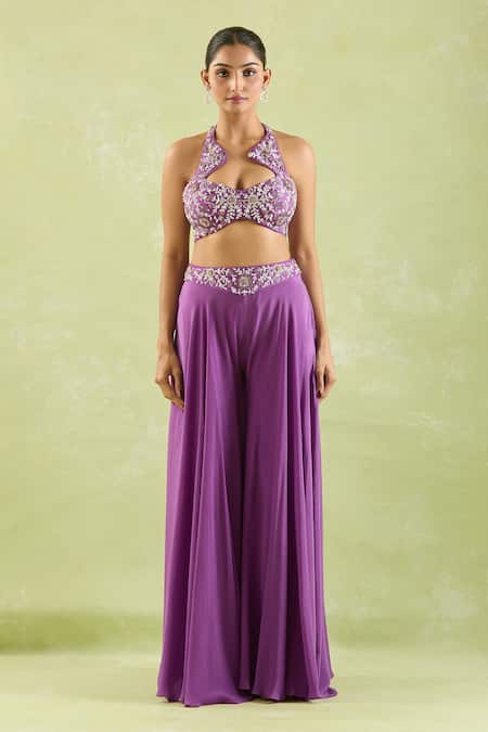 Buy Samyukta Singhania Purple Silk, Crepe Embroidery, Beads Halter Floral Hand Blouse And Palazzo Set Online at Aza Fashions Buy_Samyukta Singhania_Purple Silk, Crepe Embroidery, Beads Halter Floral Hand Blouse And Palazzo Set _Online_at_Aza_Fashions