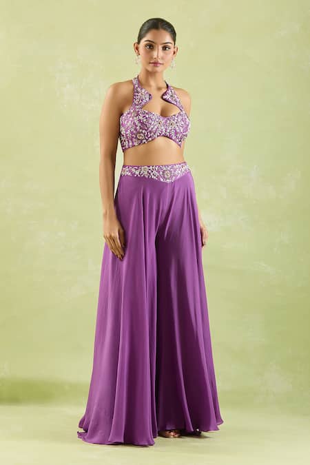 Shop Samyukta Singhania Purple Silk, Crepe Embroidery, Beads Halter Floral Hand Blouse And Palazzo Set Online at Aza Fashions Shop_Samyukta Singhania_Purple Silk, Crepe Embroidery, Beads Halter Floral Hand Blouse And Palazzo Set _Online_at_Aza_Fashions