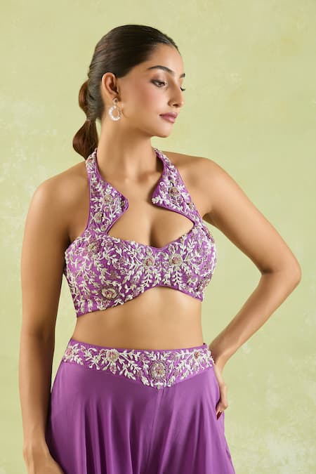 Samyukta Singhania Purple Silk, Crepe Embroidery, Beads Halter Floral Hand Blouse And Palazzo Set at Aza Fashions Samyukta Singhania_Purple Silk, Crepe Embroidery, Beads Halter Floral Hand Blouse And Palazzo Set _at_Aza_Fashions