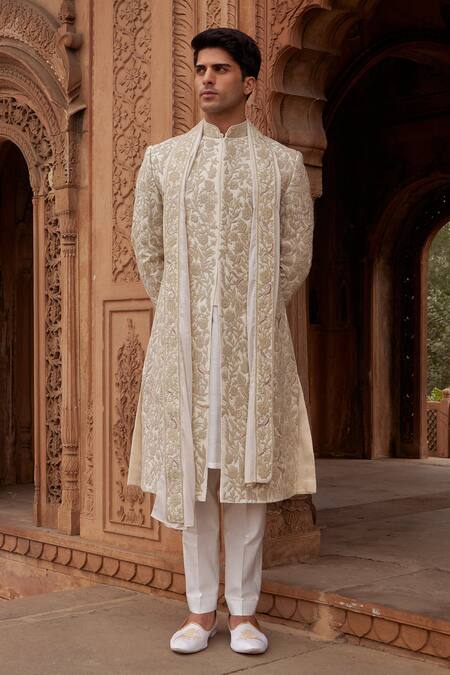 Nidhika Shekhar Ivory Silk, , Satin Embroidery Floral Sherwani Set Online at Aza Fashions Nidhika Shekhar_Ivory Silk, , Satin Embroidery Floral Sherwani Set _Online_at_Aza_Fashions