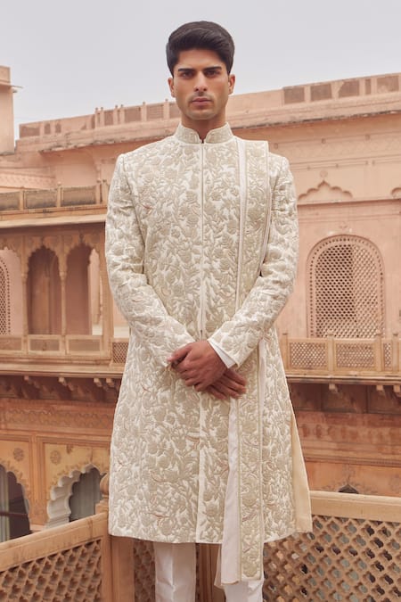 Buy Nidhika Shekhar Ivory Silk, , Satin Embroidery Floral Sherwani Set Online at Aza Fashions Buy_Nidhika Shekhar_Ivory Silk, , Satin Embroidery Floral Sherwani Set _Online_at_Aza_Fashions