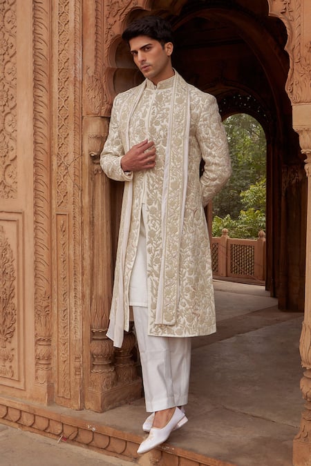 Shop Nidhika Shekhar Ivory Silk, , Satin Embroidery Floral Sherwani Set Online at Aza Fashions Shop_Nidhika Shekhar_Ivory Silk, , Satin Embroidery Floral Sherwani Set _Online_at_Aza_Fashions