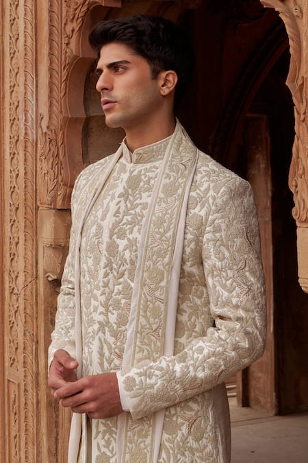 Nidhika Shekhar Ivory Silk, , Satin Embroidery Floral Sherwani Set at Aza Fashions Nidhika Shekhar_Ivory Silk, , Satin Embroidery Floral Sherwani Set _at_Aza_Fashions