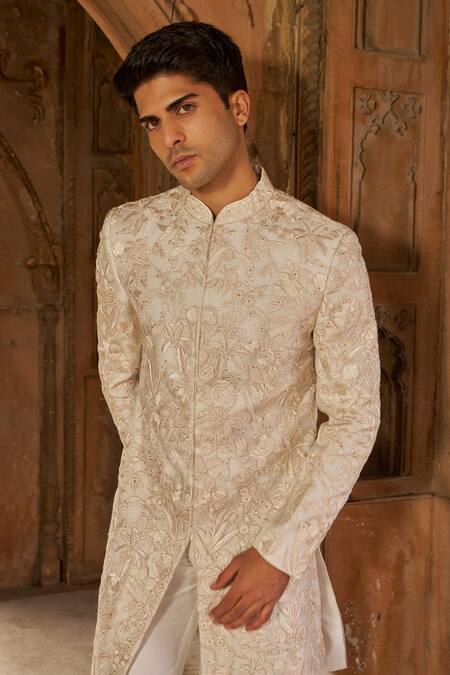 Nidhika Shekhar_Ivory Silk Organza, Linen Embroidery Floral Thread Sherwani And Pant Set _Online_at_Aza_Fashions