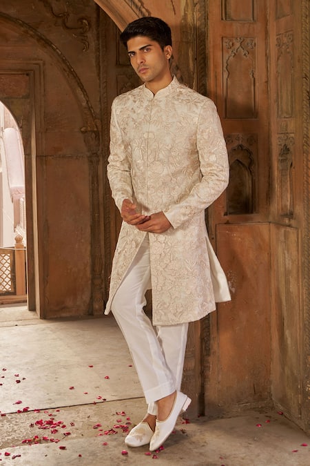Buy_Nidhika Shekhar_Ivory Silk Organza, Linen Embroidery Floral Thread Sherwani And Pant Set _Online_at_Aza_Fashions
