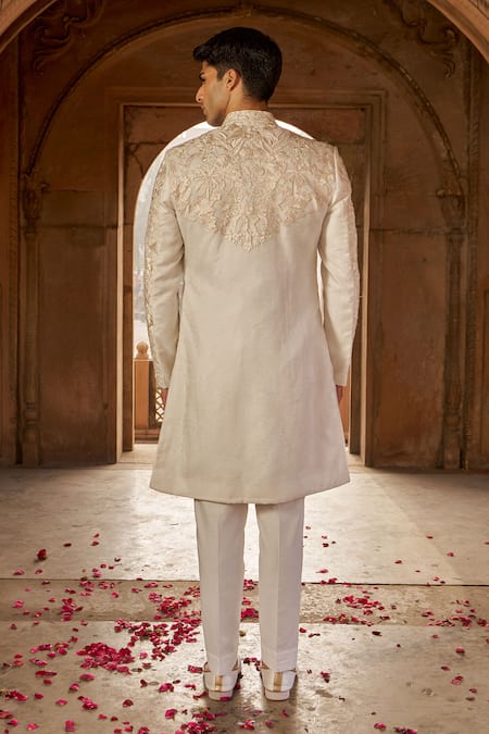 Shop_Nidhika Shekhar_Ivory Silk Organza, Linen Embroidery Floral Thread Sherwani And Pant Set _at_Aza_Fashions