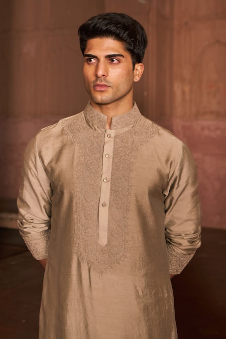 Nidhika Shekhar_Brown Cotton, Silk Embroidery Dori Kurta And Pant Set _Online_at_Aza_Fashions