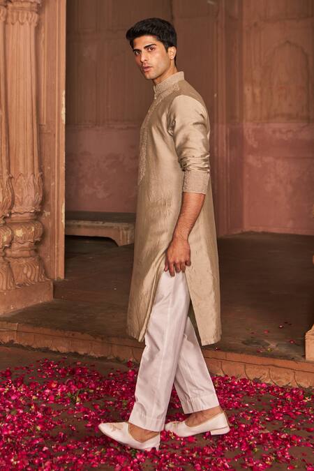 Buy_Nidhika Shekhar_Brown Cotton, Silk Embroidery Dori Kurta And Pant Set _Online_at_Aza_Fashions