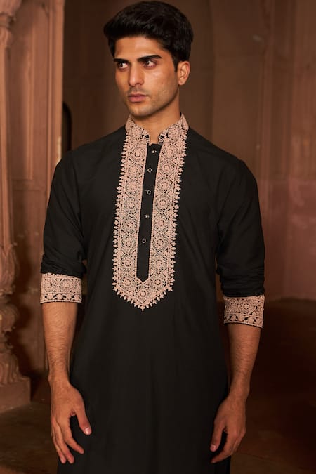 Nidhika Shekhar_Black Chanderi, Cotton, Silk Embroidery Dori Kurta And Pant Set _Online_at_Aza_Fashions