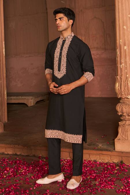 Buy_Nidhika Shekhar_Black Chanderi, Cotton, Silk Embroidery Dori Kurta And Pant Set _Online_at_Aza_Fashions