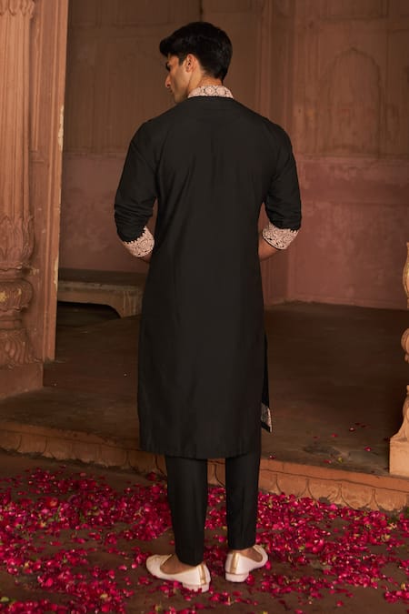 Shop_Nidhika Shekhar_Black Chanderi, Cotton, Silk Embroidery Dori Kurta And Pant Set _at_Aza_Fashions
