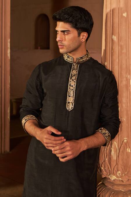 Shop Nidhika Shekhar Black Cotton, Silk Embroidery Placket Kurta And Pant Set Online at Aza Fashions Shop_Nidhika Shekhar_Black Cotton, Silk Embroidery Placket Kurta And Pant Set _Online_at_Aza_Fashions