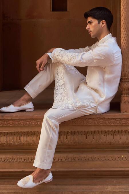 Nidhika Shekhar Ivory Organza, Cotton Embroidery Resham Kurta And Pant Set Online at Aza Fashions Nidhika Shekhar_Ivory Organza, Cotton Embroidery Resham Kurta And Pant Set _Online_at_Aza_Fashions