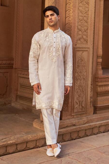 Shop Nidhika Shekhar Ivory Organza, Cotton Embroidery Resham Kurta And Pant Set Online at Aza Fashions Shop_Nidhika Shekhar_Ivory Organza, Cotton Embroidery Resham Kurta And Pant Set _Online_at_Aza_Fashions