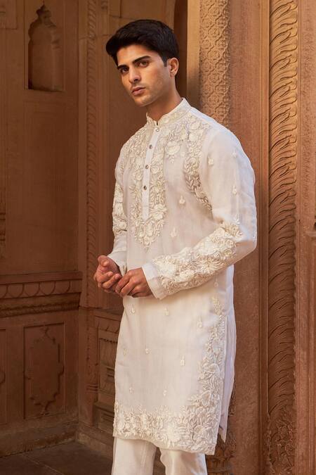 Nidhika Shekhar Ivory Organza, Cotton Embroidery Resham Kurta And Pant Set at Aza Fashions Nidhika Shekhar_Ivory Organza, Cotton Embroidery Resham Kurta And Pant Set _at_Aza_Fashions