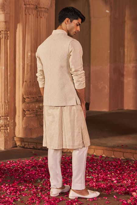 Shop Nidhika Shekhar Ivory Chanderi, Cotton Embroidery Bundi Kurta Set at Aza Fashions Shop_Nidhika Shekhar_Ivory Chanderi, Cotton Embroidery Bundi Kurta Set _at_Aza_Fashions