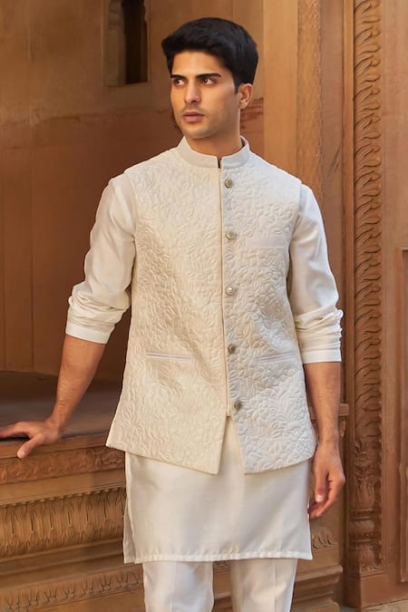 Buy Nidhika Shekhar Ivory Silk, Cotton Embroidery Floral Quilted Bundi Kurta Set Online at Aza Fashions Buy_Nidhika Shekhar_Ivory Silk, Cotton Embroidery Floral Quilted Bundi Kurta Set _Online_at_Aza_Fashions