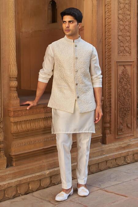 Shop Nidhika Shekhar Ivory Silk, Cotton Embroidery Floral Quilted Bundi Kurta Set Online at Aza Fashions Shop_Nidhika Shekhar_Ivory Silk, Cotton Embroidery Floral Quilted Bundi Kurta Set _Online_at_Aza_Fashions