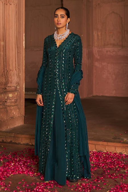 Buy Nidhika Shekhar Green Organza, Crepe Sequins, Cut Work V Embroidered Kurta And Lehenga Set Online at Aza Fashions Buy_Nidhika Shekhar_Green Organza, Crepe Sequins, Cut Work V Embroidered Kurta And Lehenga Set _Online_at_Aza_Fashions