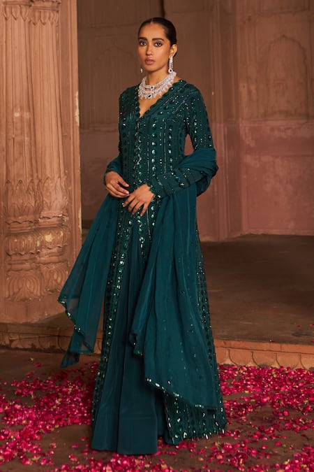 Nidhika Shekhar V Neck Sequin Embroidered Kurta & Lehenga Set 